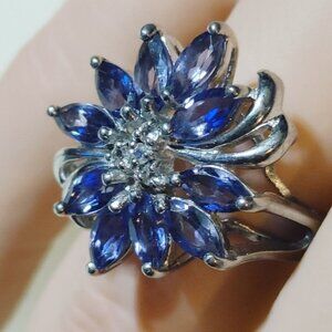 Tanzanite Flower Ring Size 7 Sterling Silver 925 Sparkling Accents Stamped RJ
